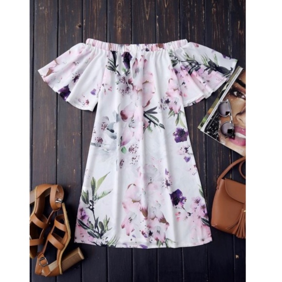 Floral Print Off The Shoulder Shift Mini Dress - Picture 3 of 8